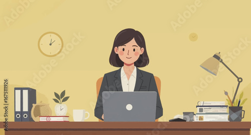A confident businesswoman works diligently on her laptop in a modern office, embodying productivity and professional success. Ideal for business, remote work, or corporate themes.