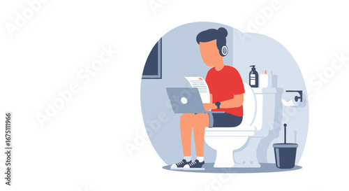 A person works remotely on a laptop while sitting on a toilet, illustrating modern flexible work environments, multitasking, and dedication.