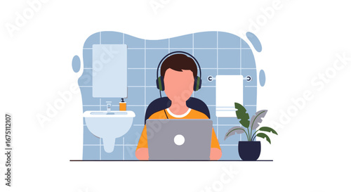 Focused person wearing headphones, working on a laptop in a bathroom. Depicts remote work adaptability, productivity, and the work-from-home lifestyle.