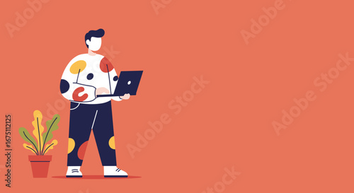 Stylish person working remotely with a laptop, embodying modern freelance, online education, or digital nomad lifestyle. Concept of connectivity and remote work.