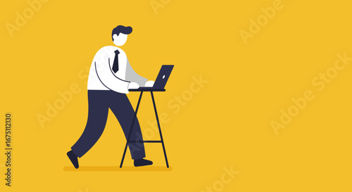 Stylized businessman works on a laptop at a standing desk against a yellow background, symbolizing modern productivity, mobile work, and flexible solutions.