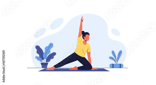 Woman practicing yoga or stretching at home, promoting health, fitness, and well-being. Ideal for lifestyle and wellness content.