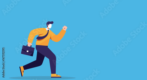 A determined businessman in a suit with a briefcase runs quickly, symbolizing speed, ambition, and career progress. Ideal for business, success, and lifestyle themes.