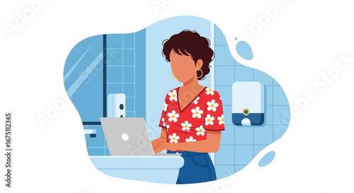 Woman working remotely on a laptop in a public restroom, showcasing flexible work environments and modern lifestyle. Ideal for business, travel, or productivity themes.