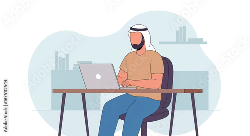 Arab man in traditional attire working diligently on a laptop at a modern office desk. Represents global business, technology, and remote productivity.