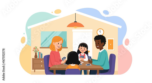 Happy diverse family playing a card game at home, enjoying quality time and bonding. Perfect for concepts of family life, leisure, and childhood fun.