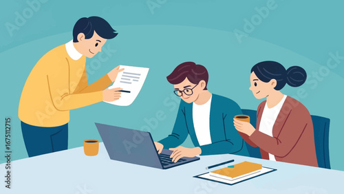 A team of colleagues collaborates in an office setting. One person explains documents while another works on a laptop, fostering teamwork and productivity.