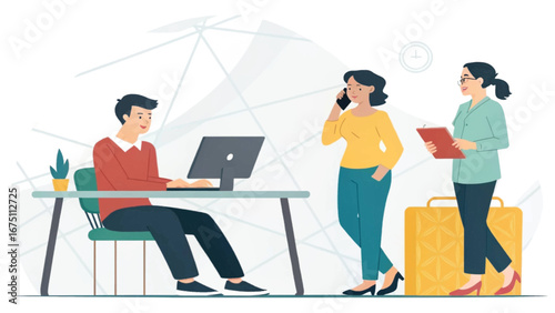 Professional team collaborating in a modern office. Man works at desk, woman on phone, another reviews documents near a suitcase. Represents corporate efficiency and business travel.
