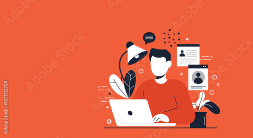 Focused person working remotely on a laptop, surrounded by desk elements. Ideal for concepts of productivity, online learning, digital communication, or freelance work.