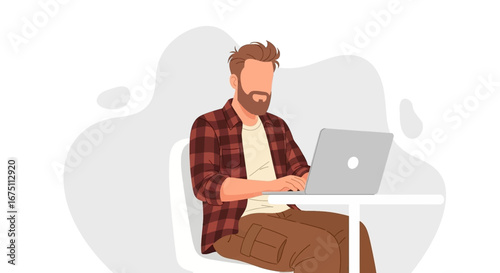 Bearded man in plaid shirt working on laptop at a table, representing remote work, productivity, and modern lifestyle.