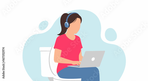 Young woman with headphones uses a laptop while sitting on a toilet, illustrating remote work, privacy, and multitasking in an unconventional home setting.