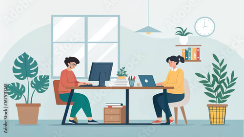 Two women diligently working on computers at a shared desk in a modern, plant-filled office. Ideal for themes of productivity, teamwork, and modern business.