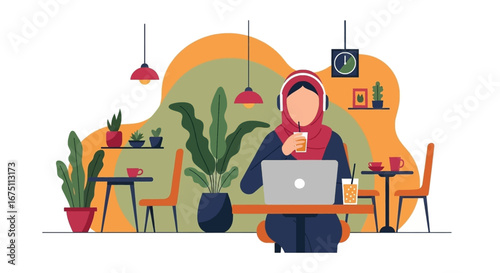 A focused Muslim woman in a hijab and headphones works remotely on her laptop in a modern cafe, symbolizing productivity and flexible lifestyle.