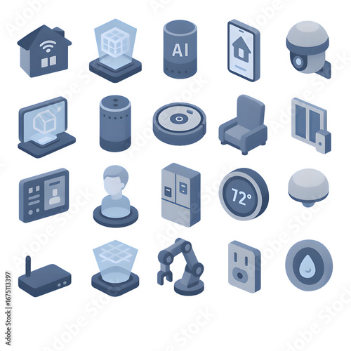 Collection 24 modern isometric icons depicting various smart home devices, ideal technology, home automation, app design projects.