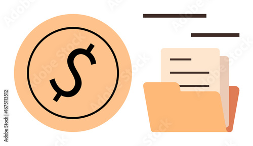 Dollar sign coin beside folder containing files symbolizes financial organization, document management, budgeting, accounting, business operations, tax filing, record keeping. Ideal for payment