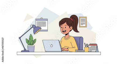 A happy woman efficiently works on her laptop at an organized home office desk. Ideal for concepts of remote work, productivity, and online learning.