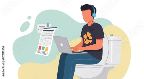Man working remotely on laptop from a bathroom toilet, wearing headphones. Represents remote work, multitasking, and casual productivity.