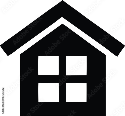 Simple black silhouette of a house with four square windows and a steep roof icon for real estate and home ownership concepts