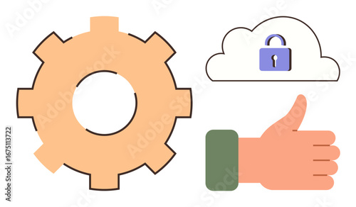 Gear for process, secured cloud with lock for data safety, thumbs-up for approval. Ideal for teamwork, technology, security, innovation, reliability approval process optimization. Simple flat