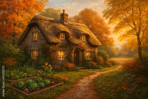 Idyllic Autumn Countryside Cottage with Thatched Roof and Golden-Hour Garden