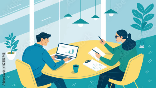 Two professionals collaborate in a modern office, reviewing data on a laptop and taking notes. Ideal for business, teamwork, and strategy concepts.