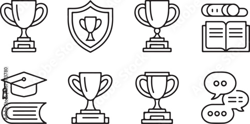 Doodle icons set winning trophies shields graduation cap books and speech bubbles for achievement and success