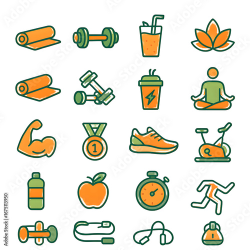 Collection vibrant orange green fitness icons, including yoga, gym equipment, healthy food symbols. Perfect fitness apps, websites, blog posts.