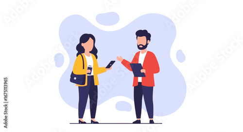 Two business professionals discuss project details, utilizing mobile technology and sharing ideas in a modern, collaborative environment. Ideal for business, communication, and teamwork concepts.