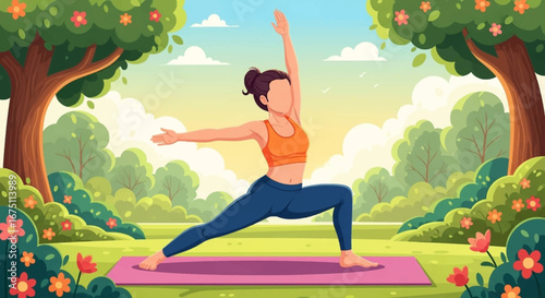 Woman doing yoga outdoors in a peaceful park setting. Practicing mindfulness, wellness, and balance in nature. Ideal for health, lifestyle, or relaxation themes.