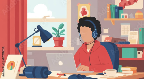 Person working productively from home on a laptop, wearing headphones in a comfortable, organized office setting. Ideal for remote work, education, or freelance concepts.