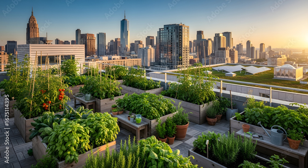 Fototapeta premium Urban Oasis A Sustainable Lifestyle Flourishes on a Rooftop Garden with a City Skyline Backdrop