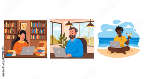 Illustrations of individuals engaged in remote work and study across different environments, highlighting modern flexible lifestyles, education, and professional freedom.