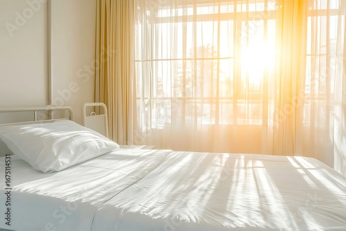 Bright and Airy Hospital Room with Sunshine Streaming Through Sheer Curtains
