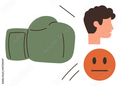 Green boxing glove nearing a male profile and neutral emoticon symbolizing conflict, physical challenge, or struggle. Ideal for communication, aggression, dynamics, disputes, resilience, competition
