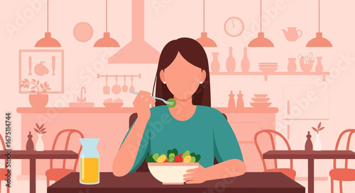 Woman enjoying a fresh, healthy salad in a modern kitchen setting, promoting a balanced diet and wellness lifestyle. Perfect for health, food, and daily life concepts.