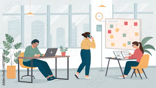Diverse team collaborating and working diligently in a modern, bright office setting, representing productivity, teamwork, and a dynamic business environment.