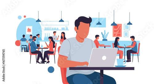 Person working on a laptop in a vibrant cafe, surrounded by other individuals engaging in work and social activities. Represents remote work, productivity, and modern lifestyle.