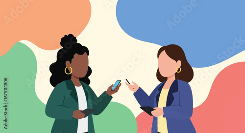 Two diverse businesswomen interact, exchanging information with mobile devices against a vibrant, abstract background. Represents professional communication, networking, and modern collaboration.