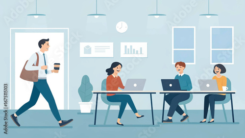 Happy diverse team collaborates on laptops in a modern, bright office. A cheerful man arrives with coffee, depicting a productive, dynamic business environment.