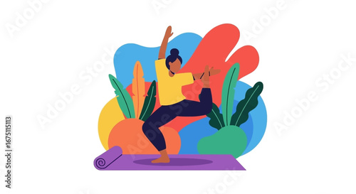 Woman practicing yoga on a mat amidst vibrant, abstract natural elements. Represents wellness, balance, and a healthy lifestyle.