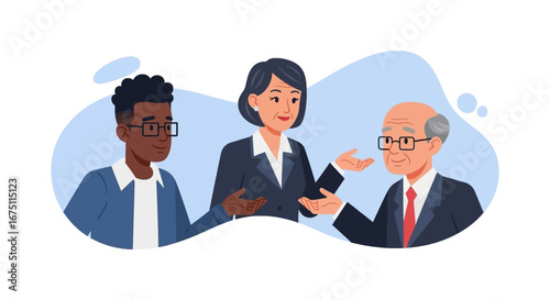 Diverse business team discusses ideas, fostering collaboration and professional development. Represents mentorship, communication, and inclusive corporate culture.