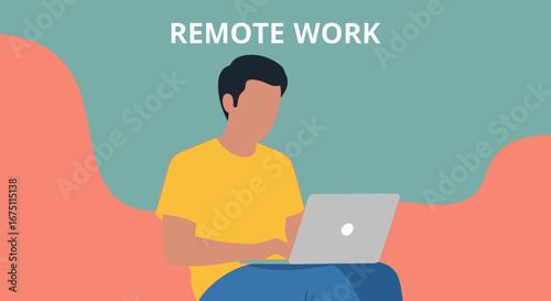 A flat illustration depicting a person working on a laptop with "REMOTE WORK" text. Represents modern flexible work, home office, or online education.
