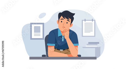 Thoughtful man at desk, contemplating a problem or making a decision. Ideal for business, education, and concept designs illustrating focus, challenge, or ideas.
