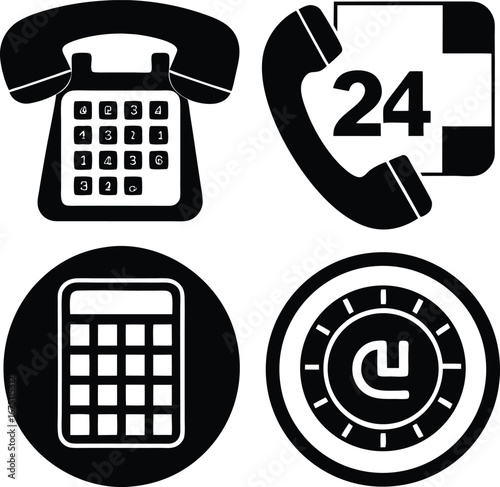 Collection of four icons featuring a rotary phone calculator 24 hour service and israeli shekel symbol for business and finance
