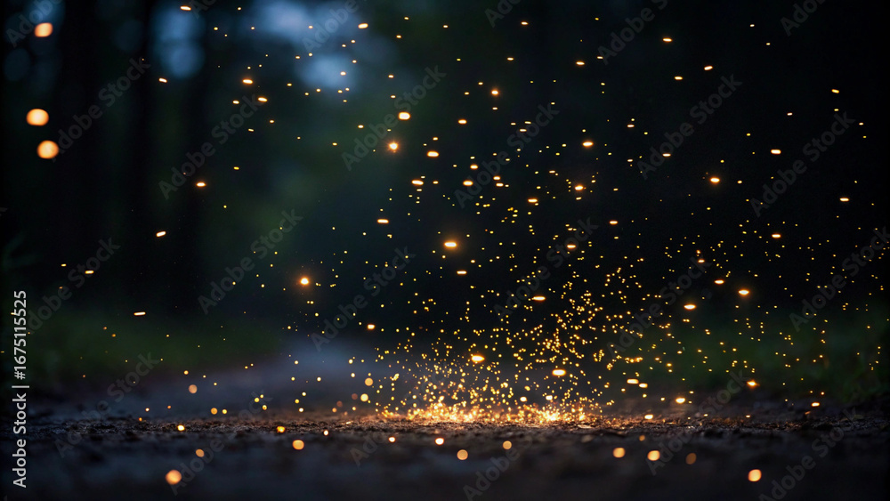 Naklejka premium Sparks Flying from Ground at Night with Dark Forest Background fire embers