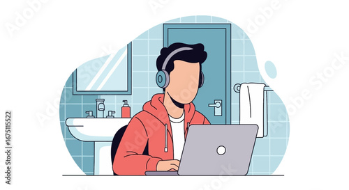 Person with headphones working on a laptop in a bathroom. Represents remote work, focus, modern lifestyle, and unconventional home office setups.