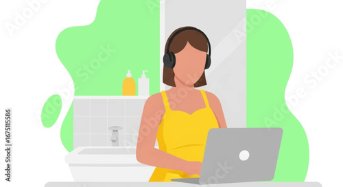 Woman in headphones working remotely on a laptop from a casual home setting, blending productivity with a relaxed lifestyle.