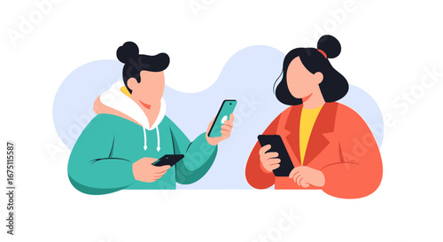 Illustrative depiction of two individuals interacting with their smartphones, symbolizing digital communication, social networking, and shared online experiences.