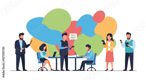 Diverse business team collaborating and communicating in a modern office, utilizing digital devices for innovation and problem-solving. Ideal for corporate, technology, or startup concepts.