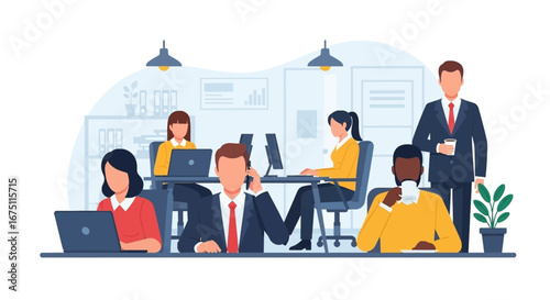 Diverse business professionals collaborate and work diligently in a modern office, symbolizing teamwork, productivity, and corporate success.